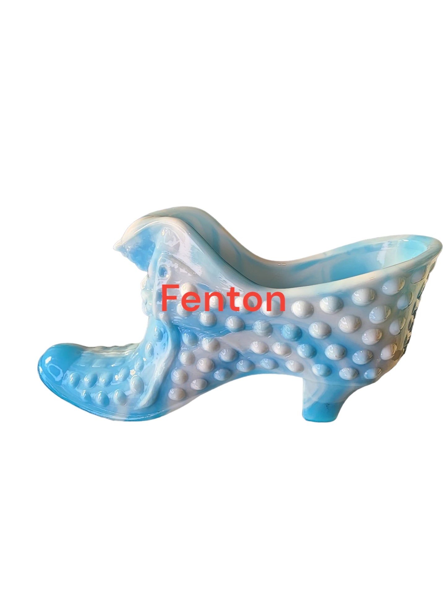 Fenton glass slag white blue slipper